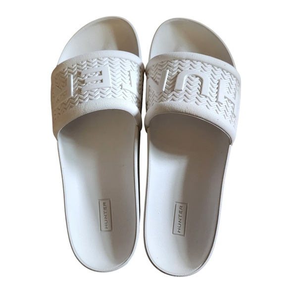 Hunter Slides White Logo‎ Pool Beach Sandals Women's Size UK 6 US 8 - Picture 1 of 7